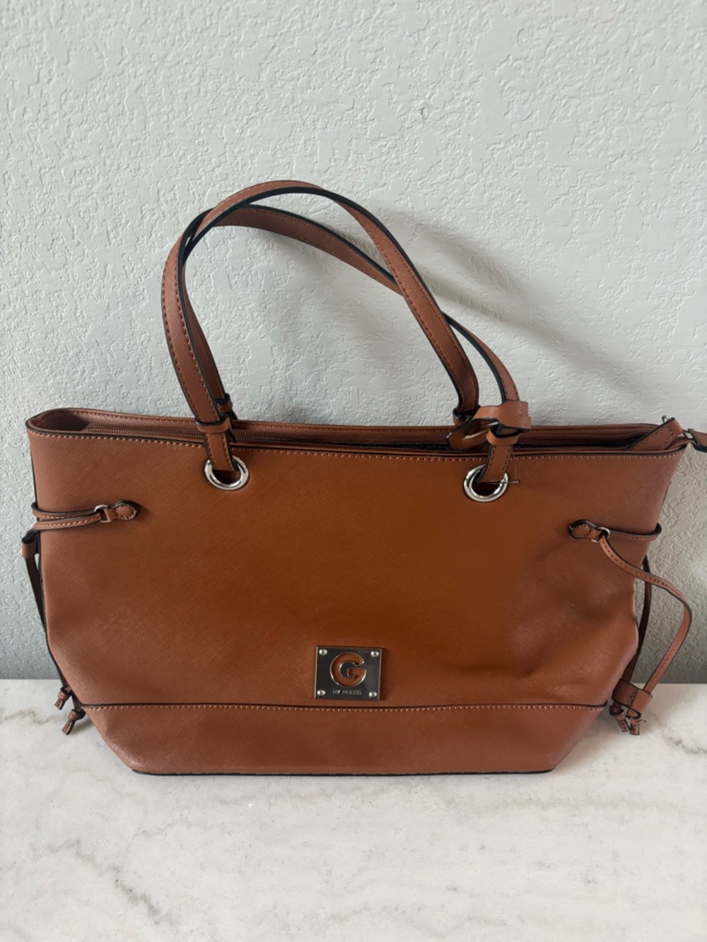 G by Guess Brown Leather Tote with Silver Hardware